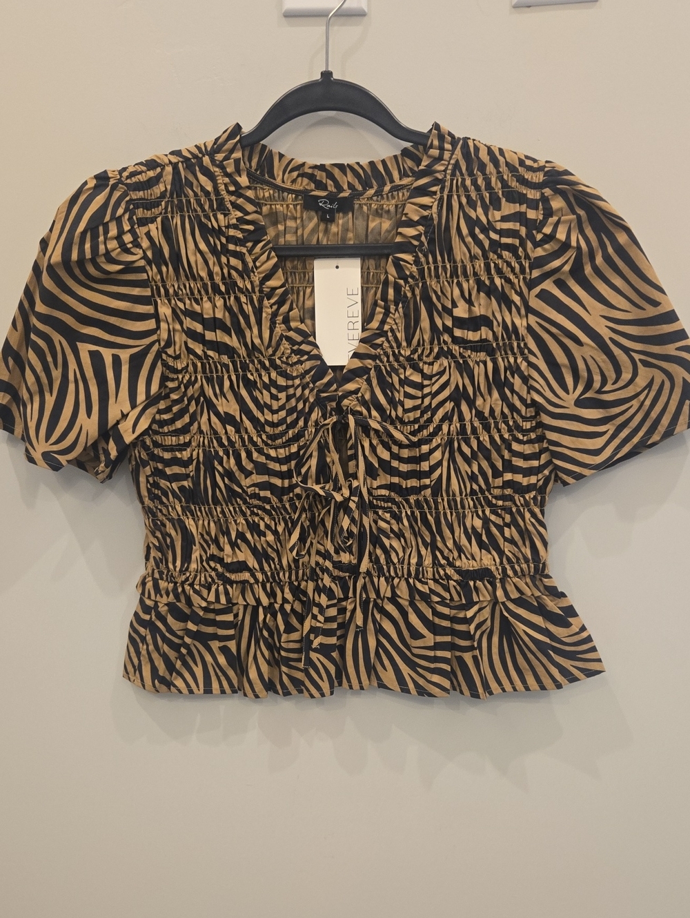 NWT Rails Portia Tan and Black Zebra-Print Smocked Ruffle Top Size Large